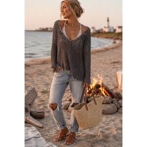 Free People Crochet Lace Back Grey and Black Sweater Slouchy Boho Coastal Chic S